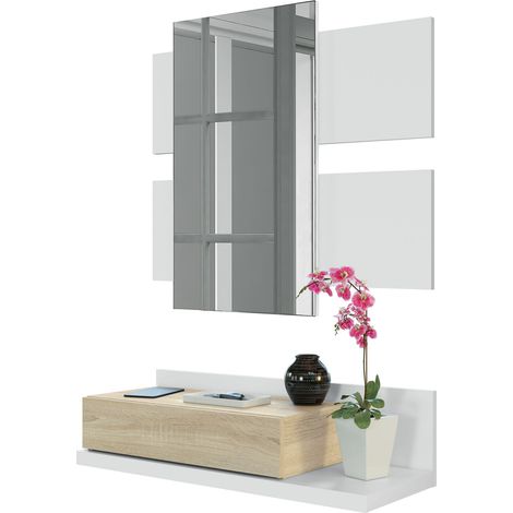 Mobile da ingresso sospeso 75x29x20 cm bianco opaco e rovere canadese con specchio e cassetto - Bari (1/5)