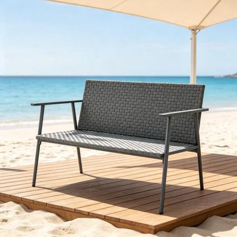 Banc de jardin 2 places en résine tressée et acier avec coussin, dossier et pieds réglables – 1 pièce, sur place (1/5)