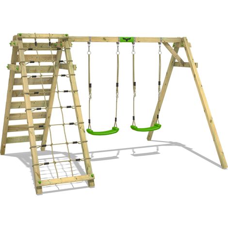 FATMOOSE Schaukelgestell Kinderschaukel JollyJungle Schaukel, Schaukelgerüst, Doppelschaukel, Holzschaukel mit Kletteranbau - apfelgrün (1/5)