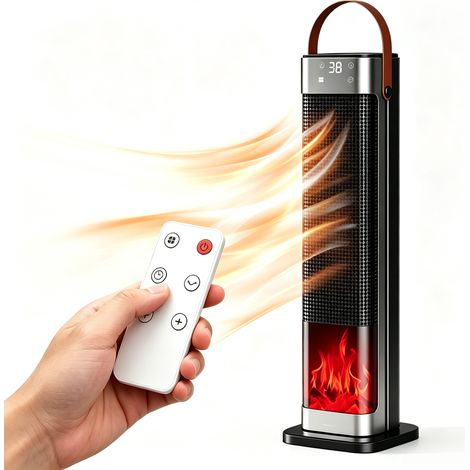 FIG-Chauffage infrarouge céramique PTC 2000 W à flamme simulée – 3 niveaux de chauffage – Télécommande et minuterie incluses – Protection contre la surchauffe et le basculement (1/5)