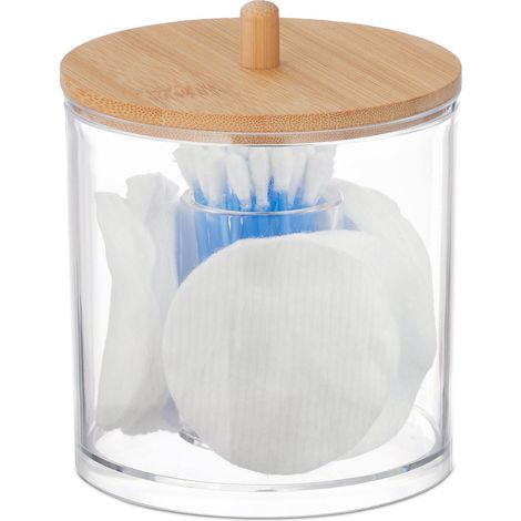 Relaxdays Rangement disques de coton et coton-tiges, plastique, couvercle en bambou, organiseur, transparent & nature