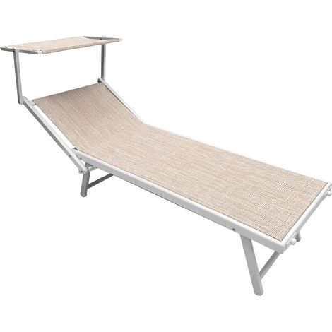 Lettino Prendisole Professionale Pieghevole e Impilabile con Parasole Regolabile, Schienale Reclinabile 2 Posizioni, Struttura in Alluminio, Tessuto Impermeabile UV Resistente, Portata 110 Kg Beige (1/5)