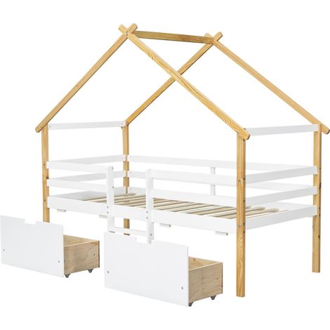 3ft Wooden Kids Bed with Storage Drawers & Safety Rail - 90x190cm Playful House Design, White & Natural Pine, MDF Frame (1/5)