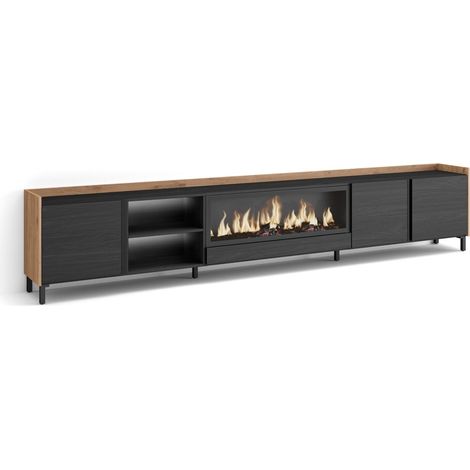 Skraut Home - Mueble TV, Televisión, Muebles de salón, almacenaje, 315x35x61cm, Para TV hasta 80", Chimenea eléctrica XXL, Diseño industrial, LED, Estilo Moderno, Negro y roble (1/5)