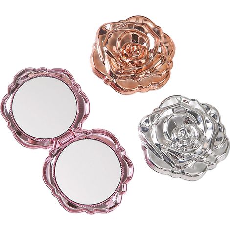 3er-Set Taschenspiegel für Damen, PP-galvanisiert, roséfarben, doppelseitig, tragbar, kompakt, faltbar, für Handtasche, Silber, Gold und Rosa (1/5)
