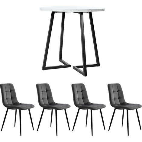 GagaEnsemble repas 5 pièces rond 80 cm blanc chaises velours gris (1/5)