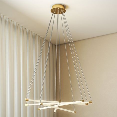 Plafonnier LED 50W équipé de 5 tubes lumineux ajustables. Lampe décorative blanc et doré, adaptée pour salon, cuisine et salle à manger