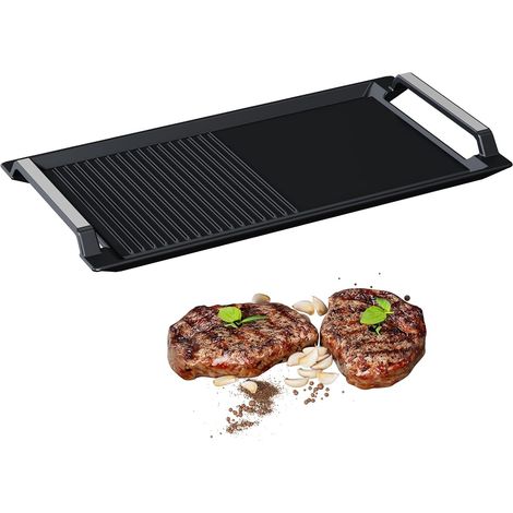 Plaque à Griller Induction, plaque de gril en fonte, grille rectangulaire, 2 poignées avec surface plate et striée pour plaque de cuisson électrique à induction (1/5)