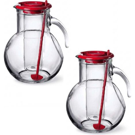 Set 2 Caraffe in Vetro 2 Litri con Portaghiaccio Interno e Cucchiaio Mescolatore Brocca Refrigerante per Cocktail Sangria e Bevande Fredde Tappo Rosso Design Tondeggiante per Feste e Aperitivi (1/5)