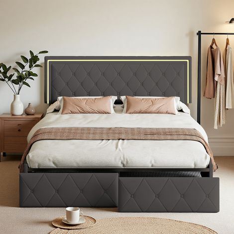 Cama 140x200 cm - tejido de PU - LED - somier - cama doble 140x200 cm - Gris (1/5)