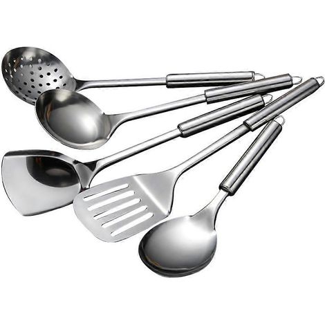 Ensemble de 5 ustensiles de cuisine en acier inoxydable : louche, cuillère perforante, spatule. (1/5)