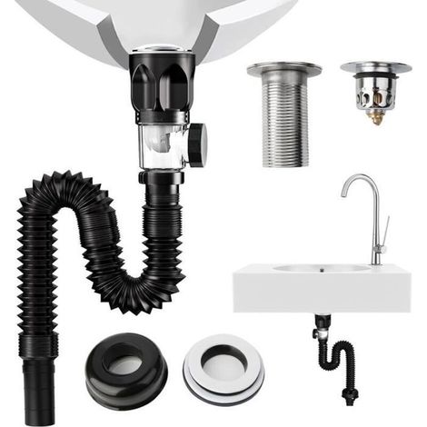 Kit bonde lavabo avec siphon anti-odeur – Filtre pop-up – 415-950 mm réglable – Tuyau vidange (1/4)