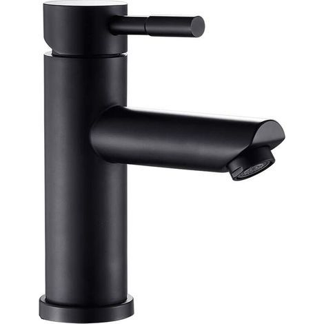 Schwarzer Badezimmer-Wasserhahn, Waschtischmischer, Edelstahlgehäuse für Handwaschbecken, runder Auslauf, verstellbares heißes und kaltes Wasser