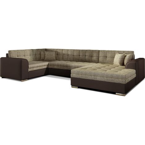 Canapé panoramique convertible CALDERO 5 places beige et chocolat – angle droit (1/5)