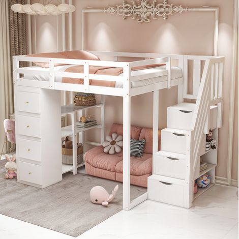 Letto a soppalco in legno bianco 140x200 cm con cassetti, scaffale e rete a doghe inclusa (1/5)