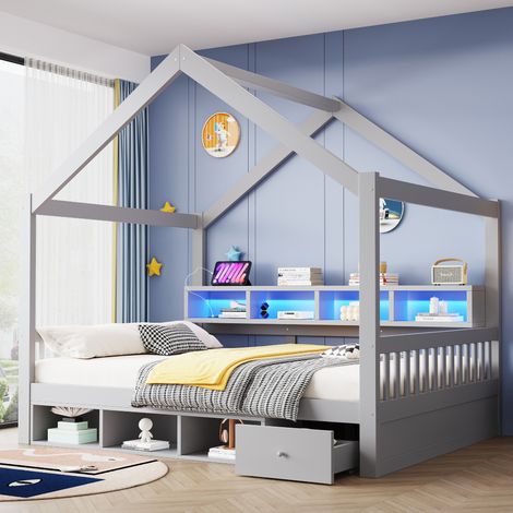 Cama cabaña 140x200 cm de madera gris con almacenaje y LED, sin colchón - CHICFURN (1/5)