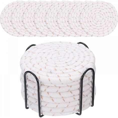 Ensemble de sous-verres ronds bohèmes en coton doré pour table à manger, coussin isolant épais, tapis rond pour thé (avec support), 8 pièces (1/5)