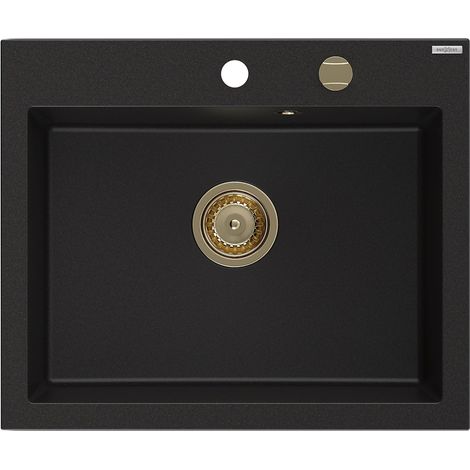 Mexen Elix fregadero de granito de 1 cubeta 600 x 500 mm, negro, sifón dorado - 6525601005-77-G (1/5)