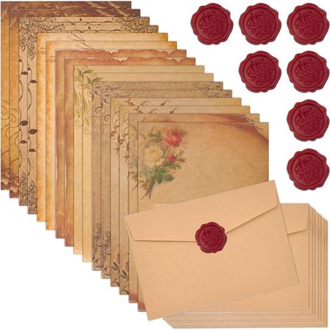 16 set di carta floreale vintage con 16 sigilli di ceralacca in plastica, 8 stili di carta da lettere autoadesiva con buste vintage, carta kraft per lettere, regali, scrapbooking, inviti (1/5)