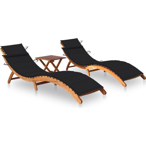 Lot de 2 Chaises longue Bain de soleil Transat de relaxations avec table et coussins Acacia solide CFW668723 (1/5)