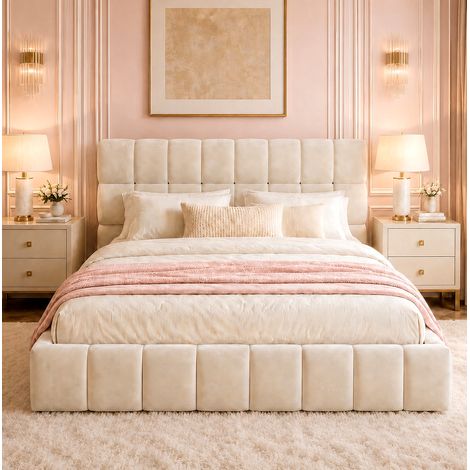 Letto imbottito classico 140x190 cm in velluto beige con testiera e sponde imbottite, rete a doghe (1/5)
