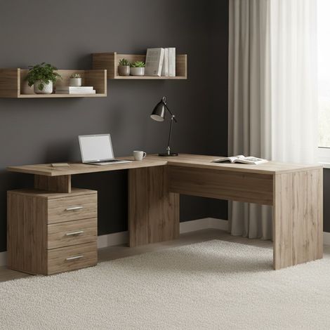 Dmora - Scrivania Ascuby, Scrittoio angolare porta PC, Tavolo multiuso per ufficio, Scrivania salvaspazio multiposizione, 100% Made in Italy, cm 180x60h75, Rovere (1/5)