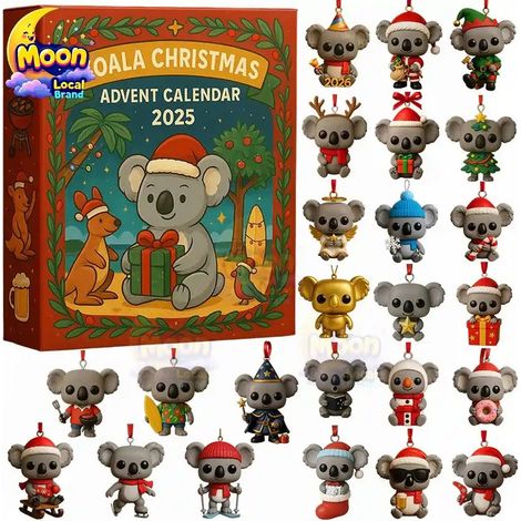 Calendrier de l'Avent Koala de Noël avec compte à rebours de 24 jours et décorations suspendues en acrylique représentant des koalas mignons pour sapin de Noël et collection pour les amateurs d'animau