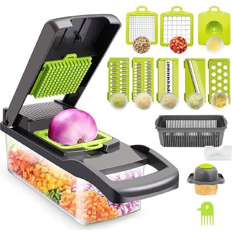 Coupe-légumes Manuel, Mandoline de Cuisine Multifonctionnelle 13 en 1-2 Lames, 7 Râpes Trancheuses, Séparateur d'Œufs et Égouttoir, Lames en Acier Inoxydable (1/5)