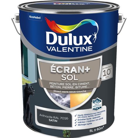Ecran+ Sol - Peinture solvantée pour sols Intérieur et Extérieur - Ciment, béton, dalles, parquets et escaliers - Satin Gris Anthracite 5 L - Dulux Valentine