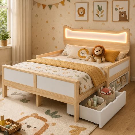 Lit enfant - LED, Rangement, Barrières - 140x200 cm - Tête lit oreilles de chat et LED RGB - Bois - Blanc et chêne clair (1/5)