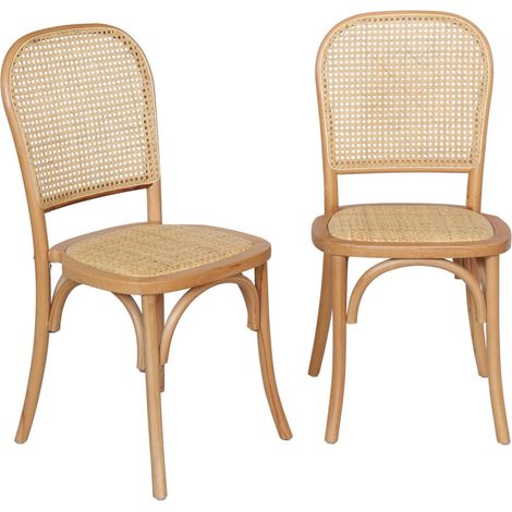 Lot de deux chaises naturelles vintage en bois avec assise et dossier en rotin (1/5)