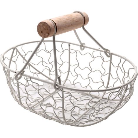 PoignéE en Bois MéTal RéTro Panier Portable Multifonctionnel LéGumes Fruits Oeufs éPicerie Pratique Rangement Panier Organisateur Blanc