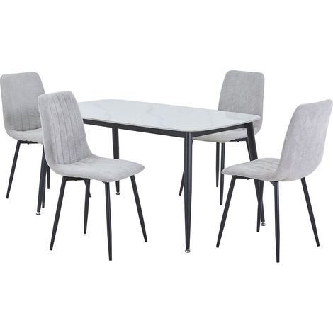 Aspen Gloss White Sintered Stone Rectangular Table & 4 Light Grey Cord Fabric Chair Set - Metal - L54 x W44 x H88 cm