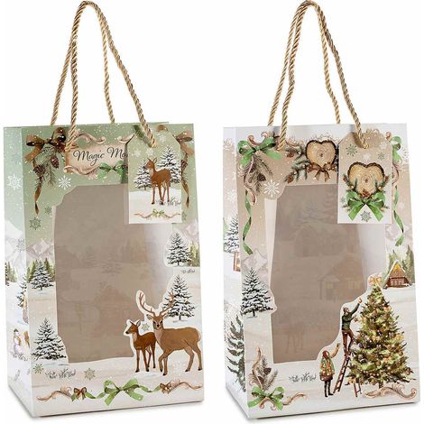 Sacchetti / buste natalizie in carta con manici, finestra e tag, stampa paesaggio natalizio, set da 18 pezzi, cm 16 x 11 x 25 H
