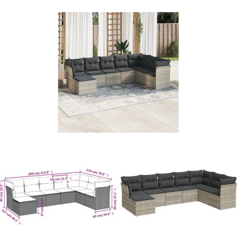 vidaXL Salon de jardin 8 pcs avec coussins gris clair résine tressée