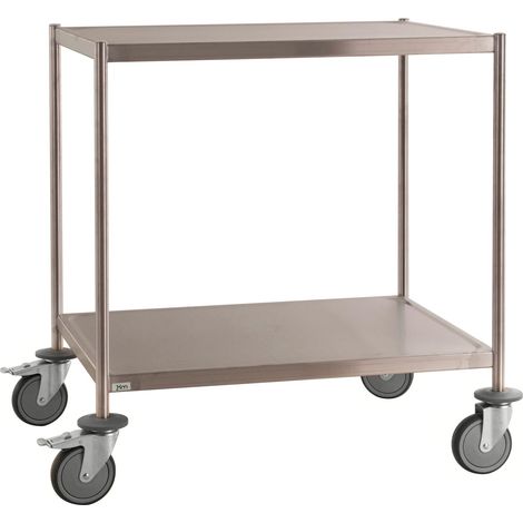 Kongamek Edelstahl- Etagenwagen vollständig geschweißt, 2 Ladeflächen 800x550mm Gummibereifung mit Bremse