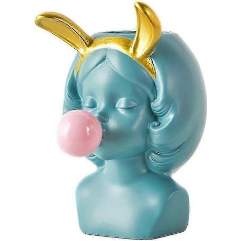 Jolie fille soufflant des bulles, pot de fleurs pour plante grasse, décoration intérieure de style nordique, styles variés, oreilles de lapin vertes (1/5)