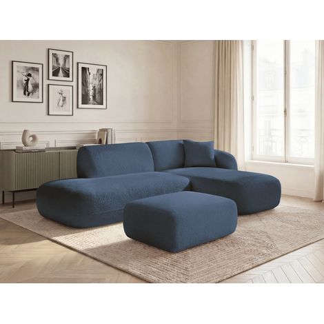 BOBOCHIC - Canapé d'angle fixe modulable ANDA avec 1 méridienne, 1 chauffeuse bout de canapé et 1 pouf Angle droit Bleu foncé (1/5)