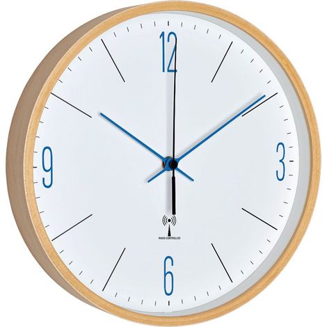 TFA Dostmann 60.3524.06 - Reloj de Pared de Madera y 25,5 x 4,5 x 25,5 cm, Blanco/Azul