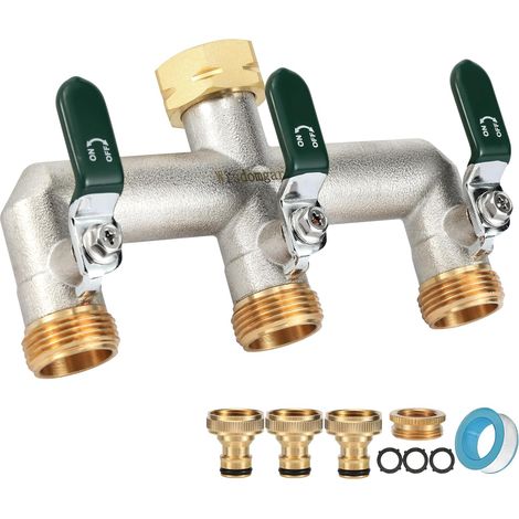 Répartiteur d'eau 3 Voies, en Laiton nickelé, pour Robinet de Jardin, Tuyau arrosage 3 Voies, raccord avec poignées Vertes, Robuste, raccord Hexagonal avec adaptateurs 1/2" (1/5)