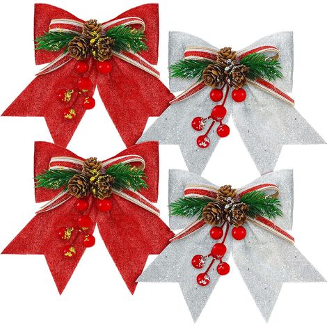 nœuds décoratifs de Noël à paillettes rouges pour sapin, arches de sapin, guirlandes et couronnes (rouge, argent, 17,8 x 17 cm) (1/5)