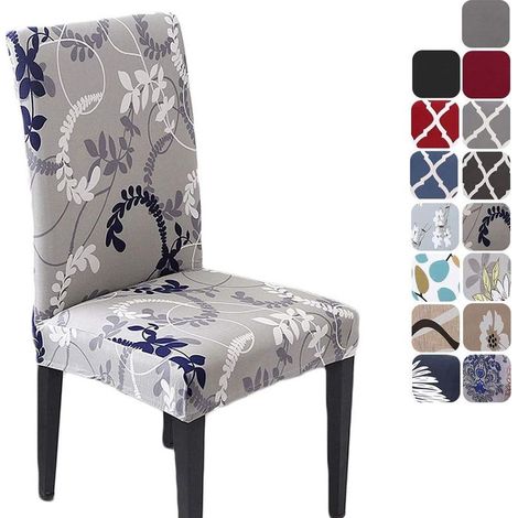 Funda elástica para silla de comedor de ajuste universal, fabricada con tejido elástico de licra duradero para decoración de banquetes, hoteles y restaurantes (estampado gris/hojas, 4 piezas). (1/4)