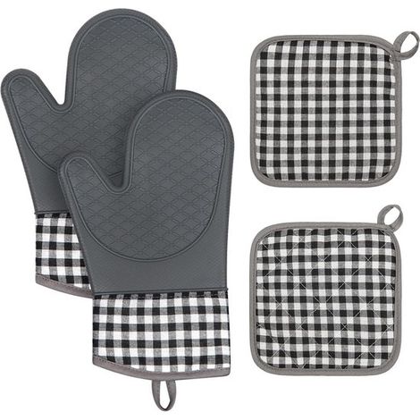 Guanti da forno, set da 4 (2 guanti da forno + 2 presine resistenti al calore), guanti da forno in silicone, resistenti al calore, impermeabili, antiscivolo, resistenti al calore (1/5)