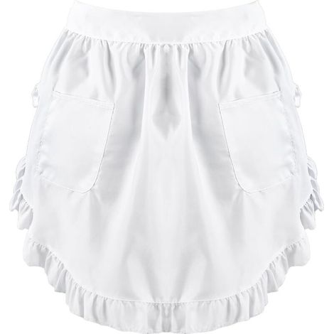 Grembiule semicircolare in cotone bianco con volant e 2 tasche – Taglia unica, stile retrò, ideale per cucina, bar o uso domestico.