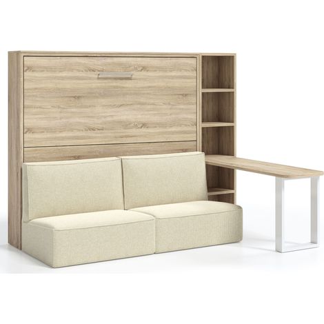 Les Tendances – Lit escamotable horizontal 140x190 cm – Canapé tissu beige – Structure chêne clair – Système de vérins à gaz – Sommier à lattes inclus