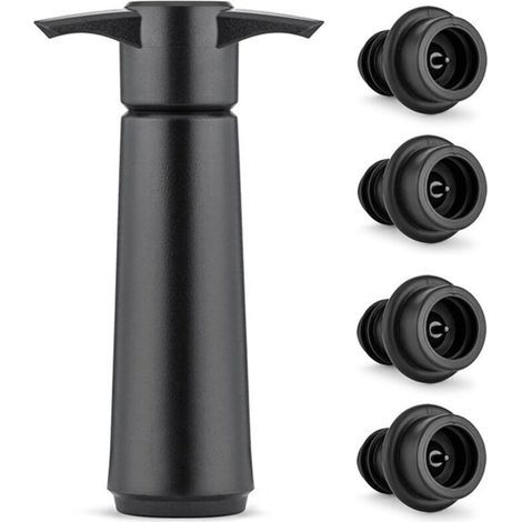 Pompe à Vide Vin avec 4 Bouchons, Bouchon Vin Vide Air, Réutilisable Bouchon Bouteille Vin Garde le Vin Frais, Accessoires Vin, pour le Vin, Noir (1/4)