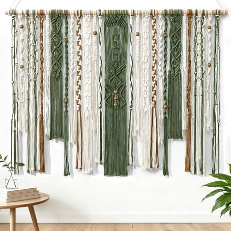 Grande tapisserie murale en macramé - Décoration bohème - Vert (1/5)