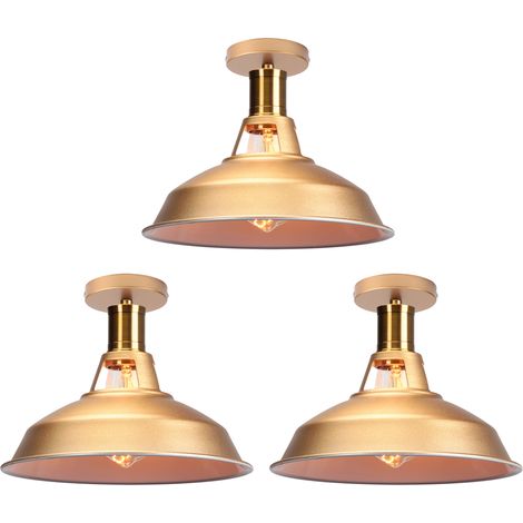 Lampe de Plafond 27cm Plafonnier Industriel Rétro en Fer Abat-jour Luminaire Couloir Balcon Escalier Or&Blanc 3 Pack