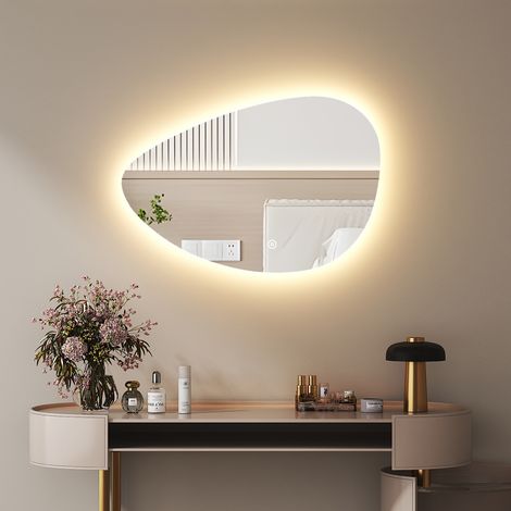 Boromal Asymmetrischer Beleuchtung mit Beleuchtung 90x65cm LED Badspiegel Asymmetrischer Spiegel mit Licht Lichtspiegel LED Spiegel Badezimmerspiegel Wandspiegel mit Touch-Schalter, Dimmbar 3 Lichtfar (1/5)
