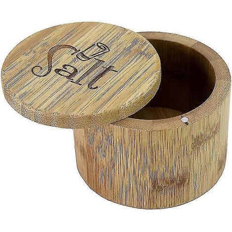 Boîte à sel en bambou avec couvercle pivotant magnétique, inscription « Sel » gravée sur le couvercle. (1/5)